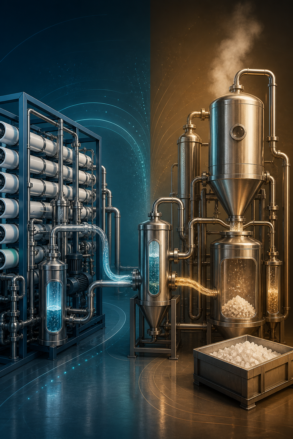 Minimal Liquid Discharge (MLD) vs ZLD — conceptual water-treatment illustration