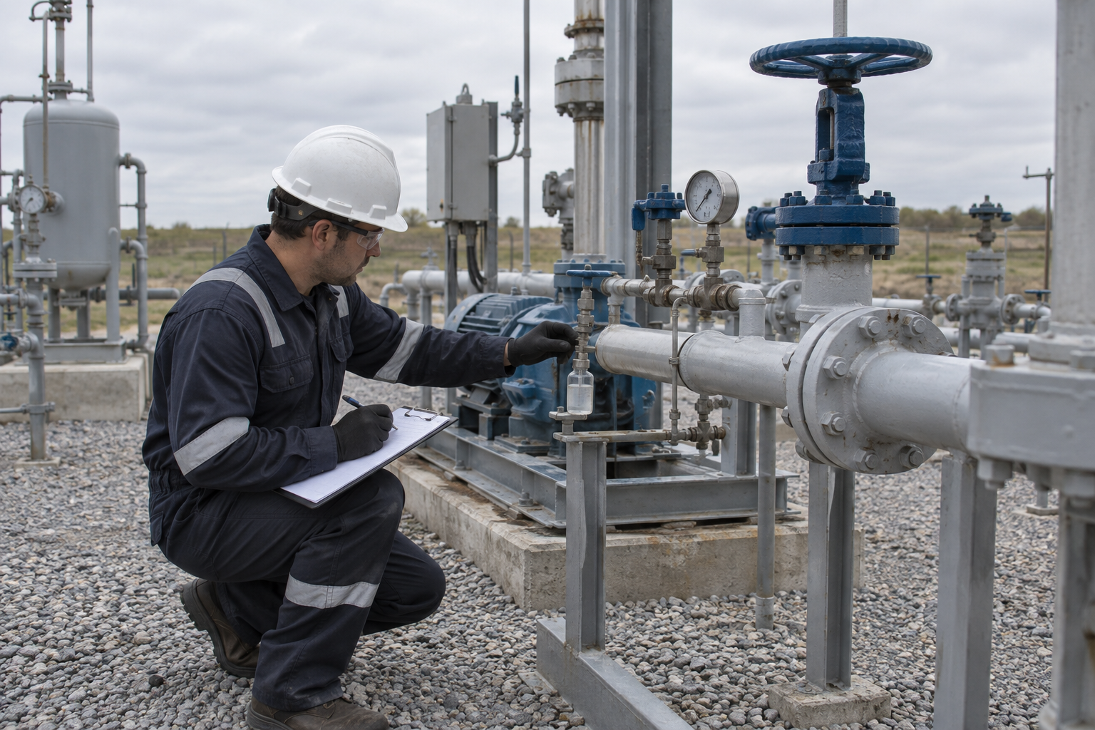 Generic technician reviewing an unbranded industrial water injection connection before trial planning
