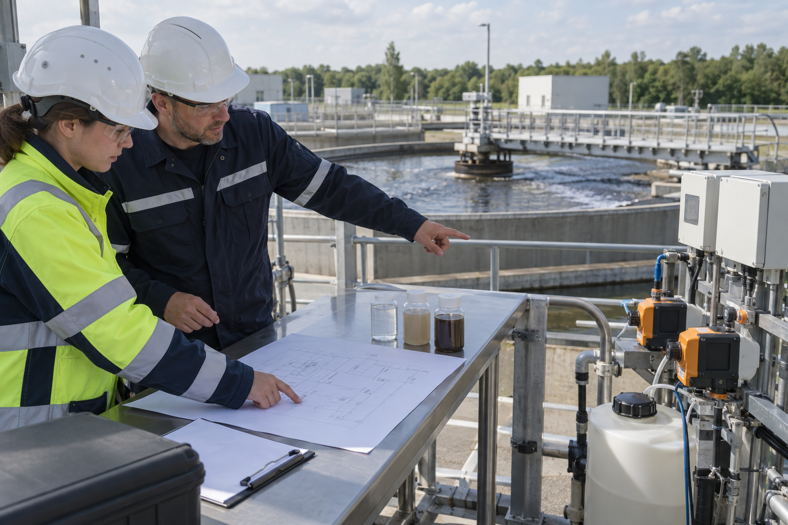 Industrial wastewater team planning a controlled PAM trial near a clarifier