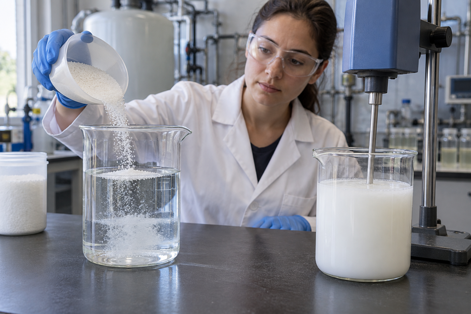 Laboratory comparison of dry powder and liquid emulsion polymer preparation