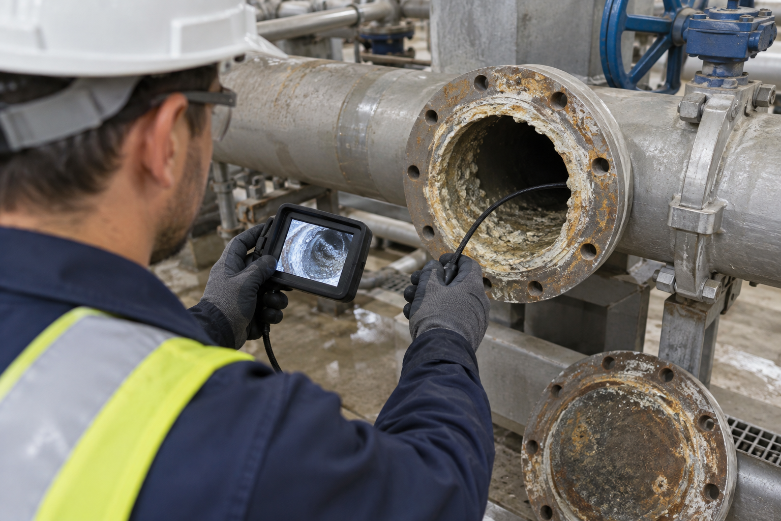 Generic technician inspecting an isolated industrial water pipe deposit