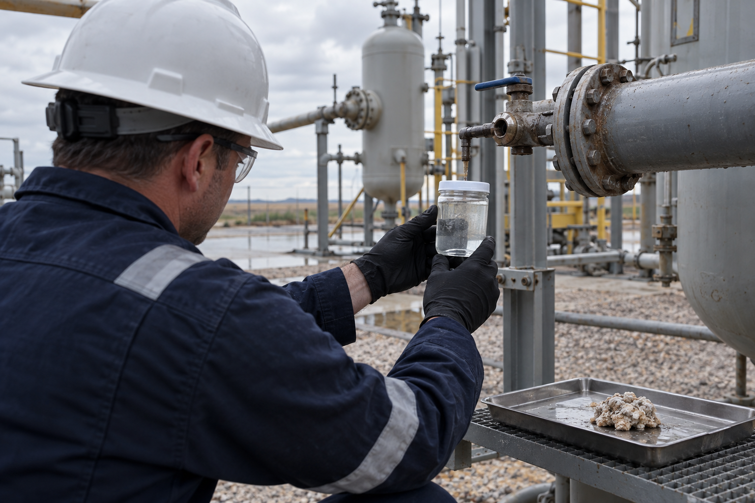 Engineer inspecting a produced-water sample at an oilfield facility