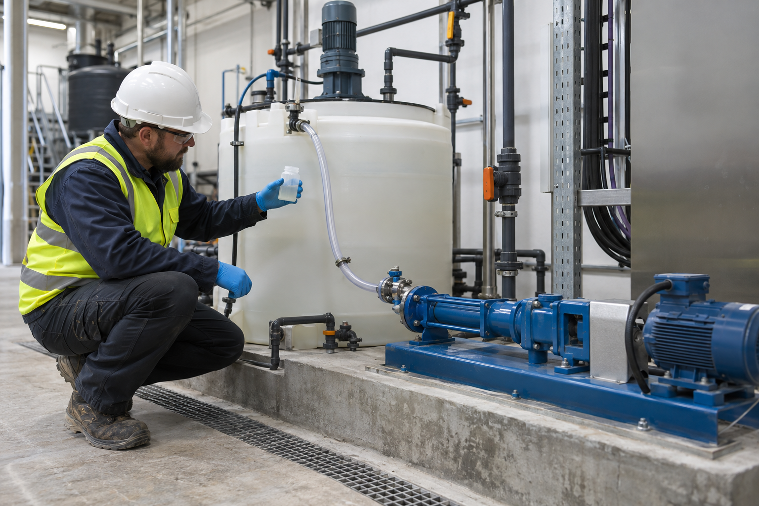 Operator inspecting an industrial polymer make-down and dosing station