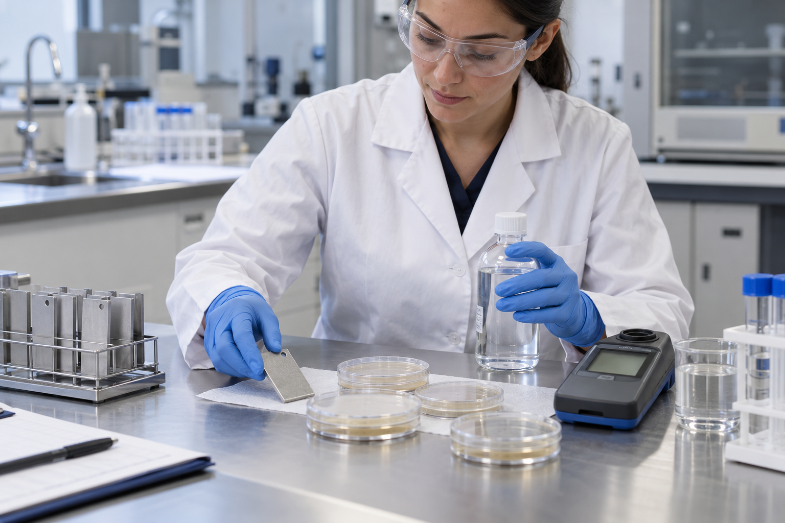 Laboratory technician compares a cooling-water sample, inspection coupon, culture plates and a blank handheld meter