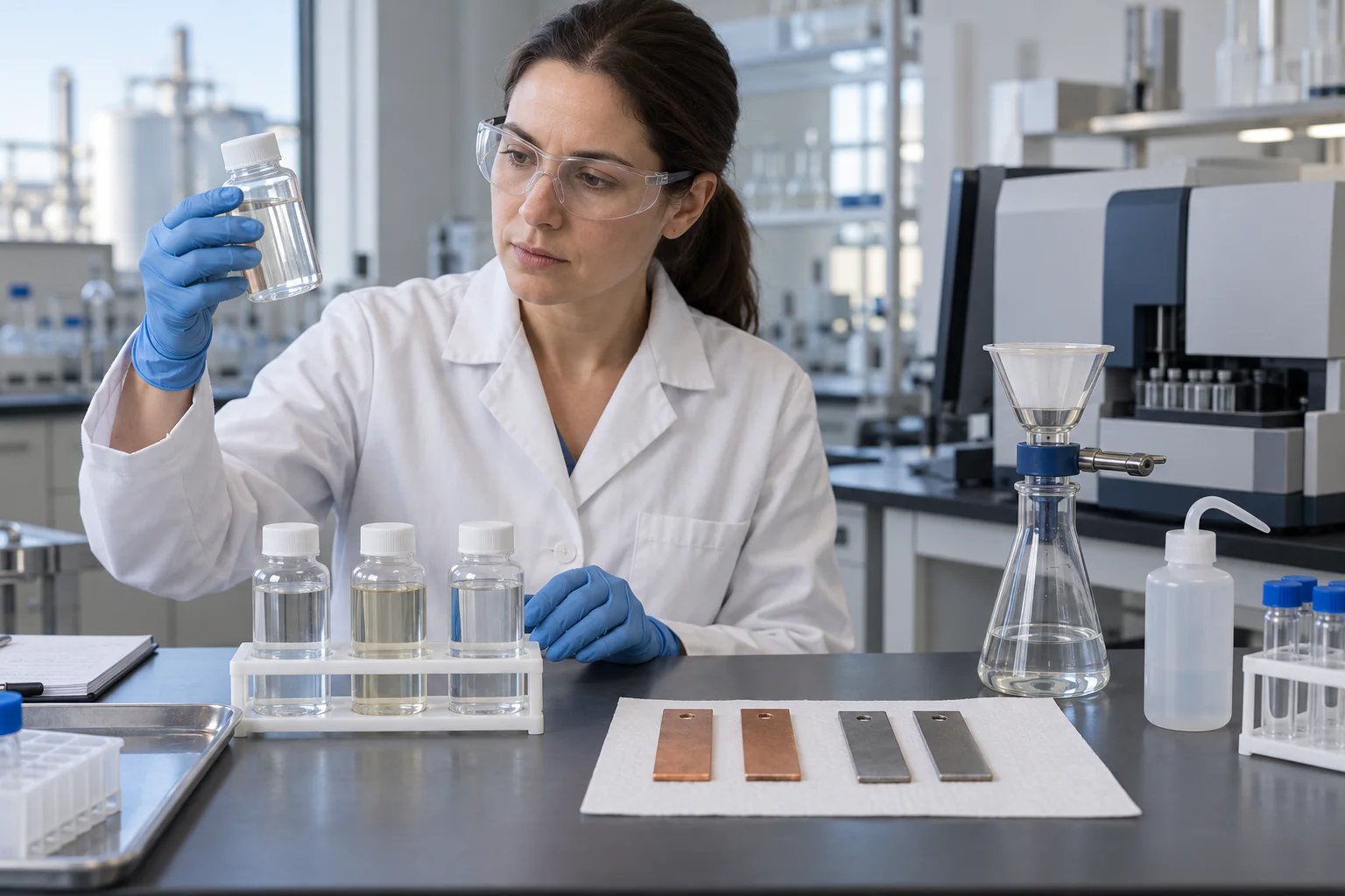 Laboratory analyst comparing cooling-water samples with copper and steel corrosion coupons