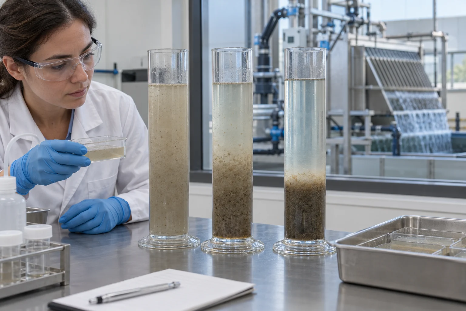 Engineer comparing floc settling and supernatant in three laboratory cylinders