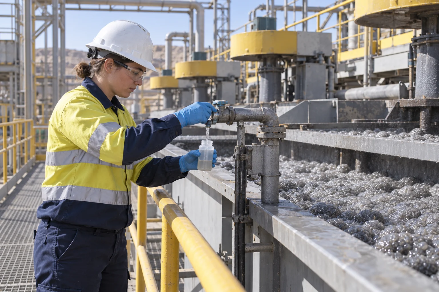Engineer sampling process water beside a generic mineral-processing flotation circuit
