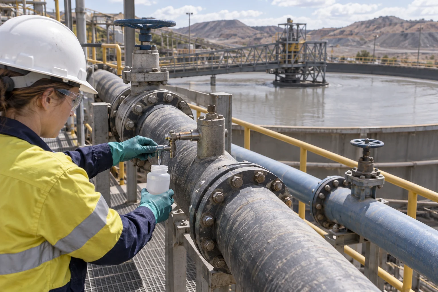 Engineer collecting a generic tailings-feed sample near a thickener feedwell