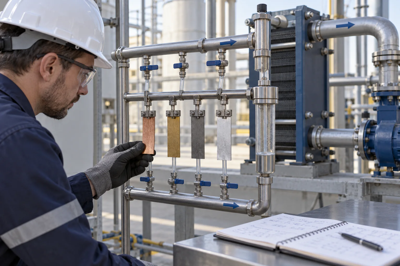 Engineer examining separate copper, brass, steel and aluminum coupons in a side-stream rack