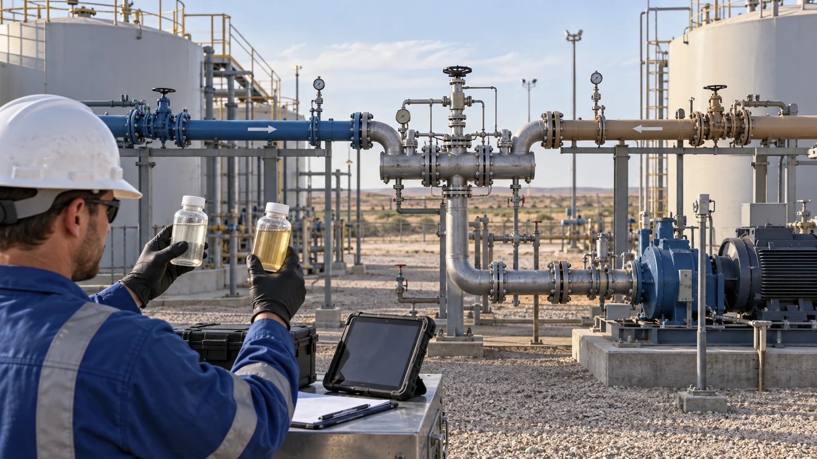 Engineer comparing two source-water samples at an oilfield blending and injection manifold