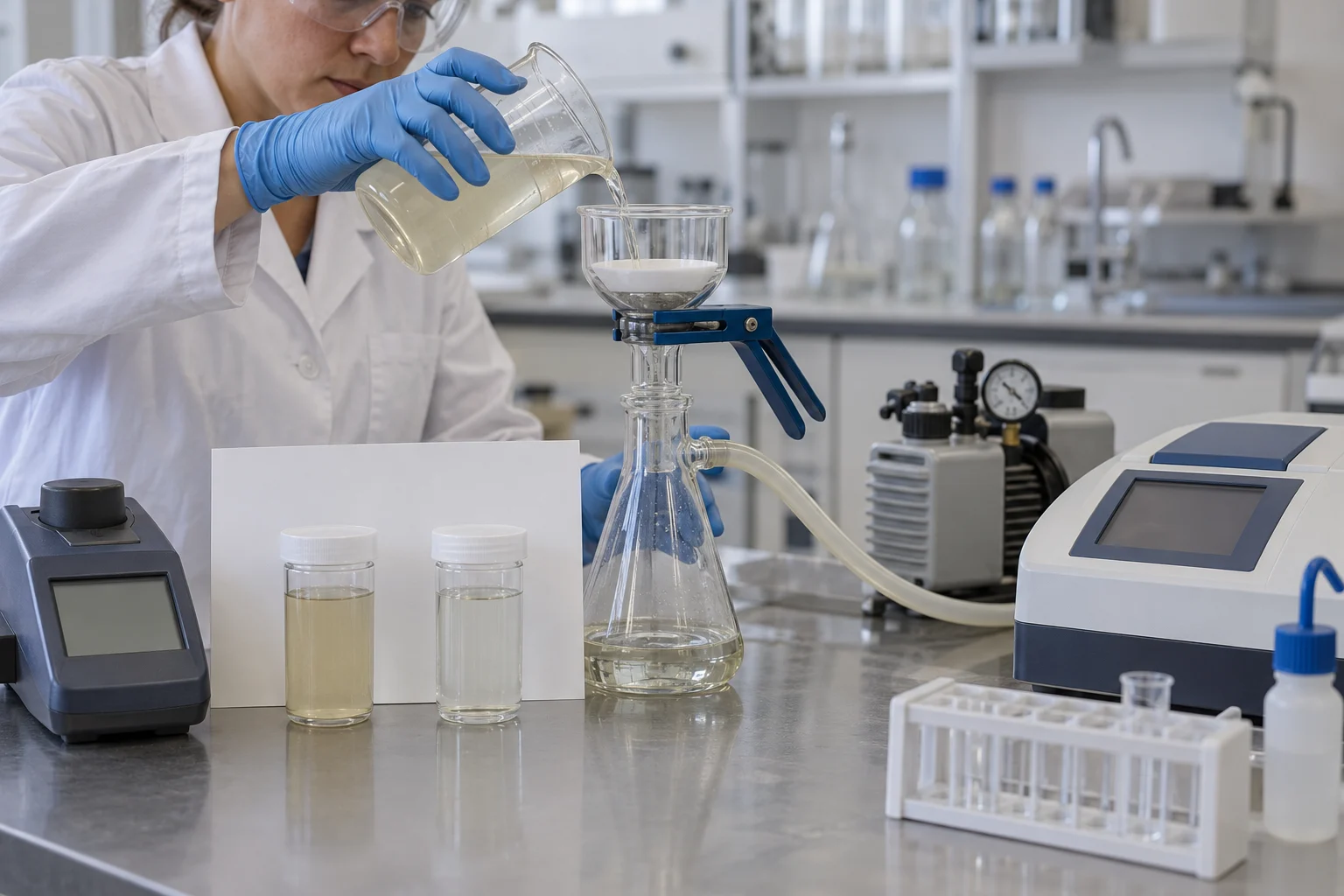 Technician filtering post-biological effluent and comparing filtered and unfiltered samples