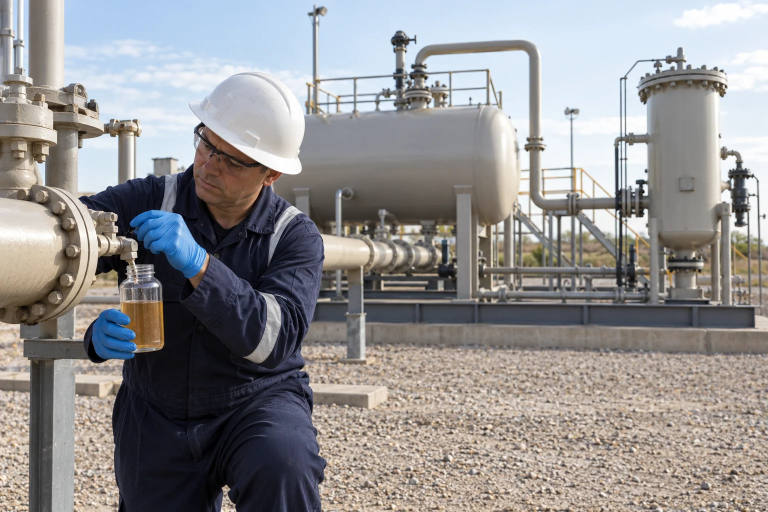 Technician collecting a produced-water sample upstream of separation and filtration equipment